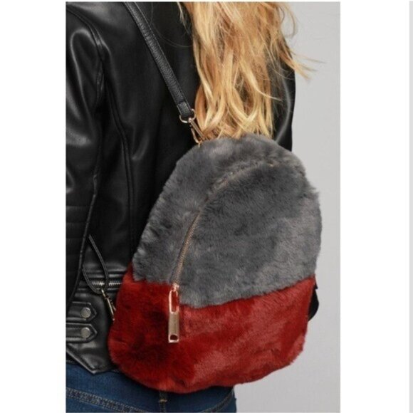 Faux Fur Backpack Gray Burgundy Travel School Vacation Academia Fuzzy - Picture 3 of 13